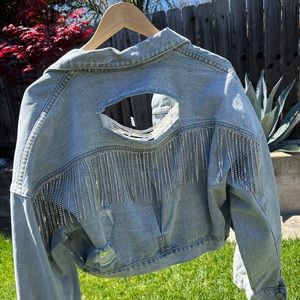 SPARKLY FRINGE DENIM CROPPED DENIM JACKET SZ M/L